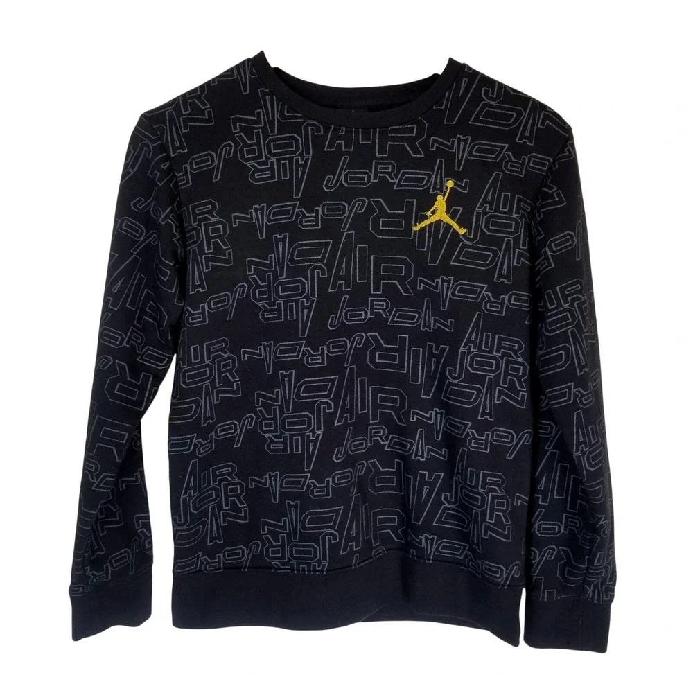 Boys Jordan All Over Print Long Sleeve Crewneck Sweatshirt Black‎ Gold Logo L